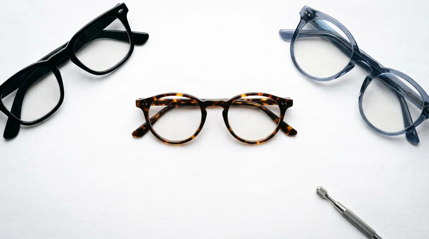 A flat lay of three pairs of stylish glasses in black, tortoiseshell, and slate blue on white linen.