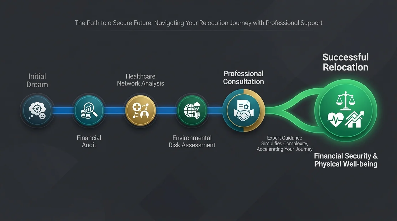 A flowchart showing the steps from a relocation dream to financial security and well-being.