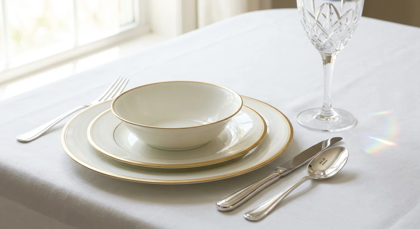 A formal table setting featuring gold-rimmed china, sterling silver forks, and a crystal glass on a white linen cloth.