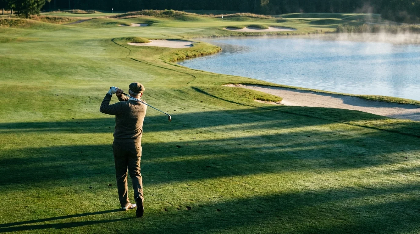 A golfer on a lush 27-hole course at Highland Lakes in Palm Harbor, Florida, with a lake in the background.