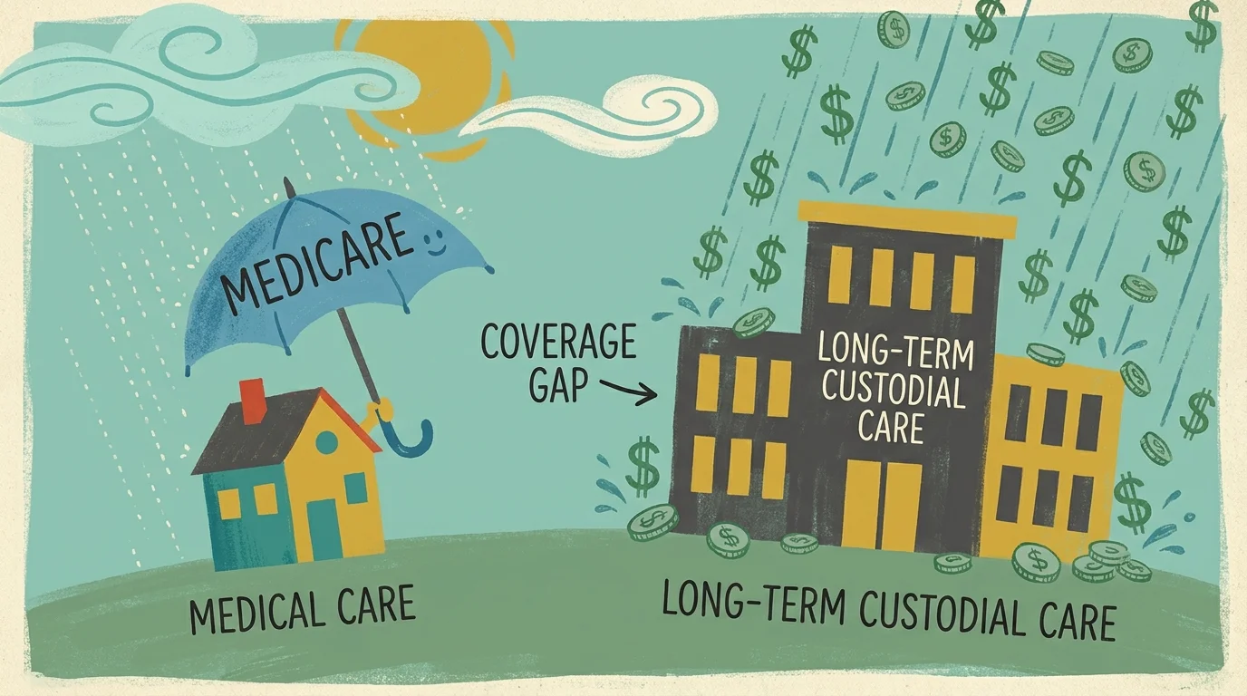 A gouache illustration of a small Medicare umbrella failing to cover a large building labeled Long-Term Custodial Care.