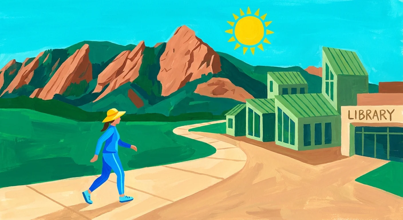 A gouache painting of a person walking on a path in Boulder with the Flatirons mountains in the background.