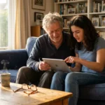 A grandfather and granddaughter sitting on a couch sharing a learning moment with a digital tablet in a warm, sunny living room.