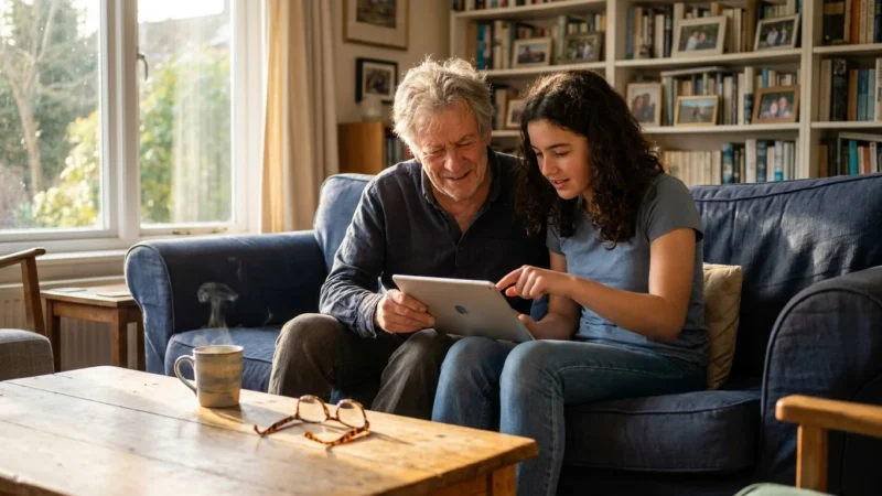 A grandfather and granddaughter sitting on a couch sharing a learning moment with a digital tablet in a warm, sunny living room.