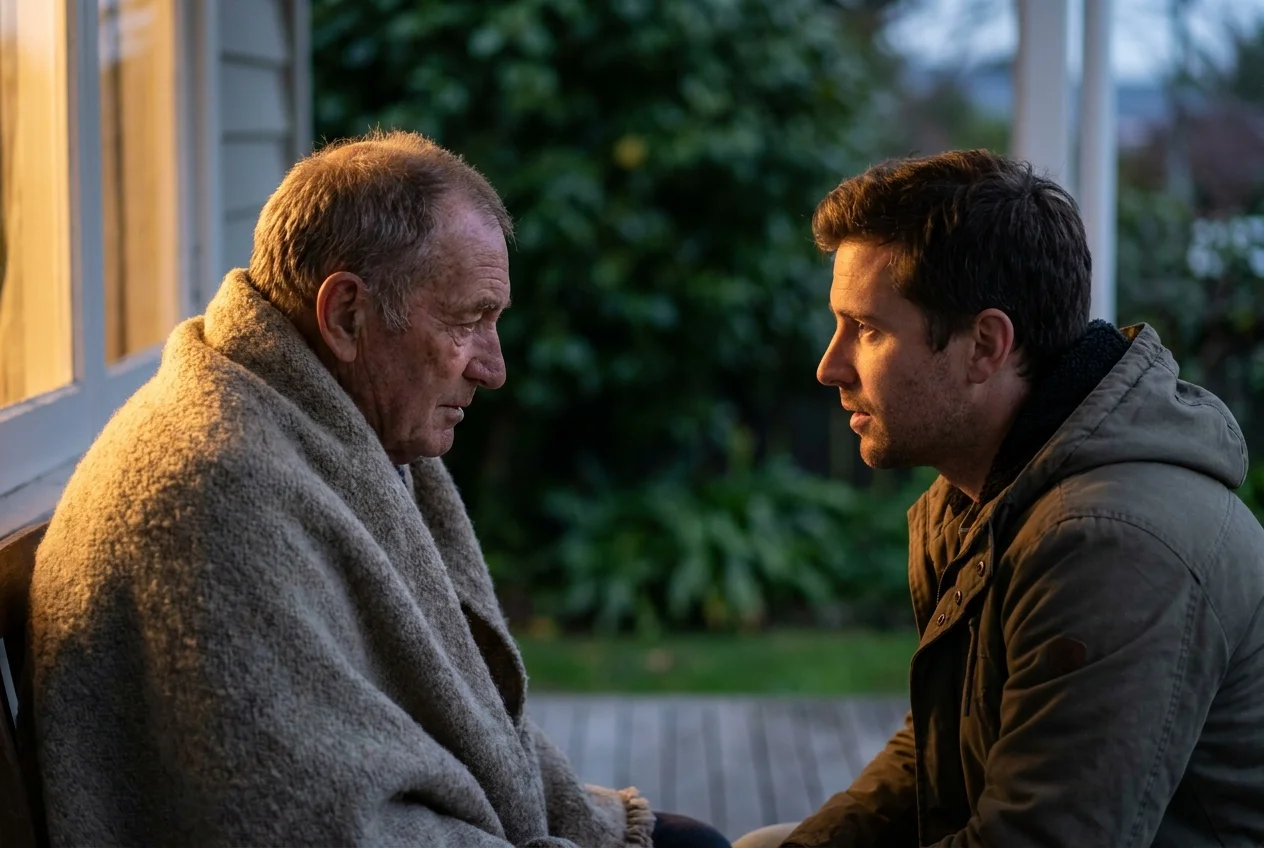 A grandfather and grandson having an intimate, serious conversation on a porch at twilight.