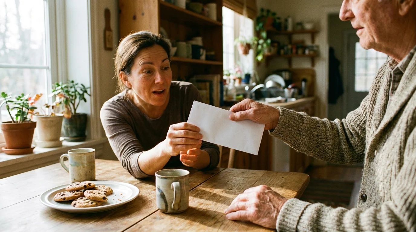 A grandfather hands an envelope to his granddaughter in a sunlit kitchen, capturing a moment of early financial gifting.