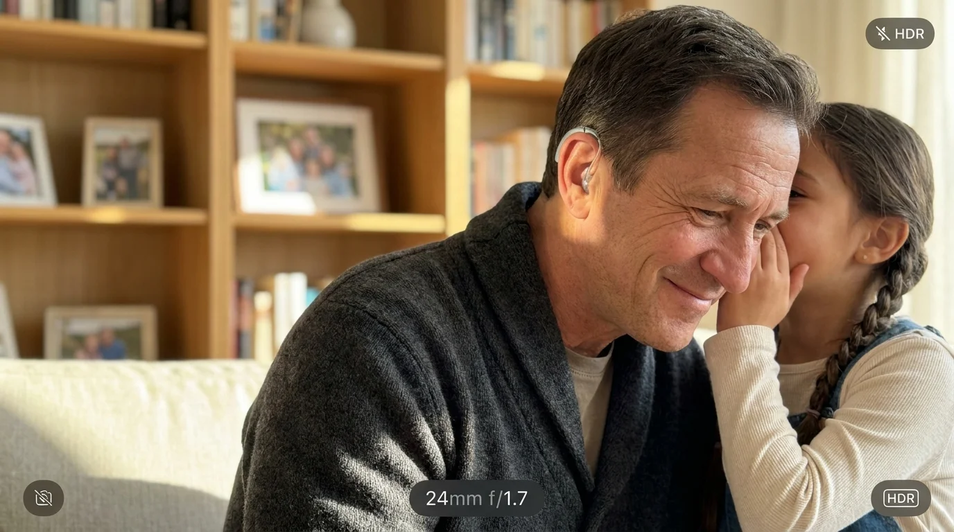 A grandfather smiling while a young child whispers in his ear, showcasing a discreet hearing aid in natural sunlight.