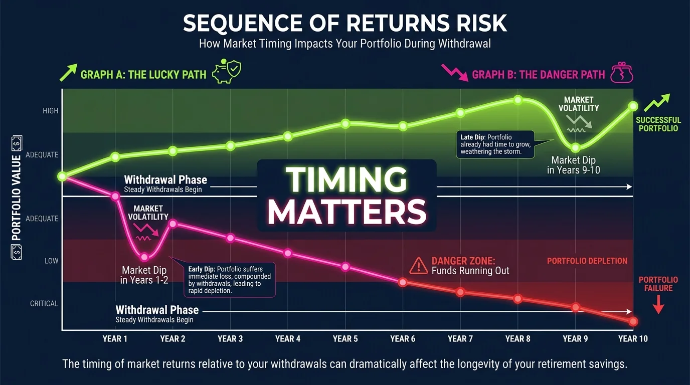 A graph comparing two retirement portfolios, showing how a market crash early in retirement is more damaging than one later on.