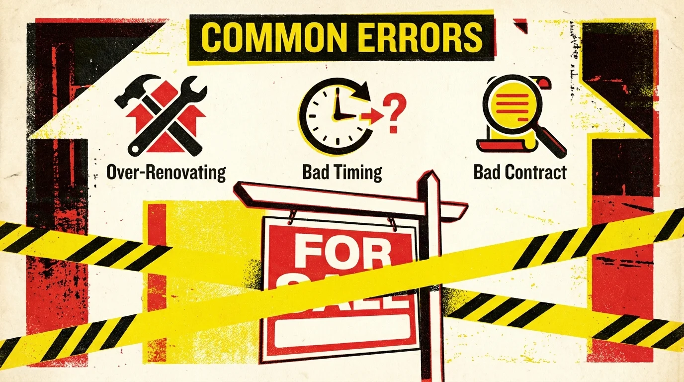 A graphic illustration showing a For Sale sign wrapped in caution tape, symbolizing common mistakes when selling a home.