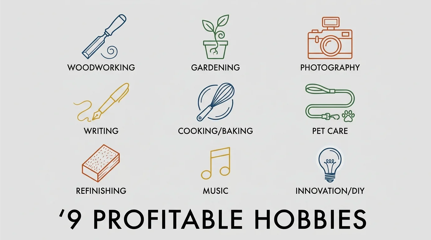 A grid infographic showing nine icons representing different retirement hobbies like gardening, photography, and woodworking.