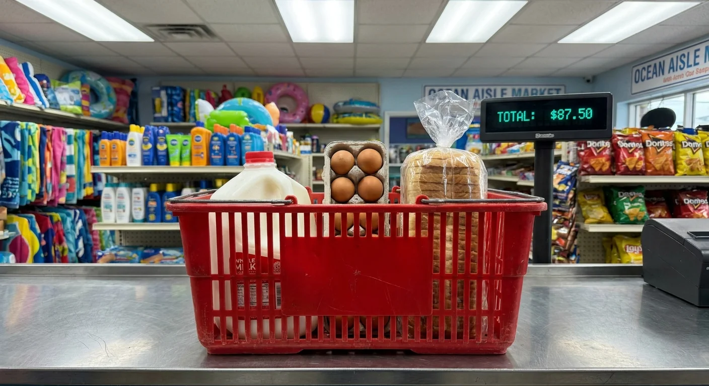 A grocery basket with basic staples like milk and eggs on a checkout counter in a coastal shop.