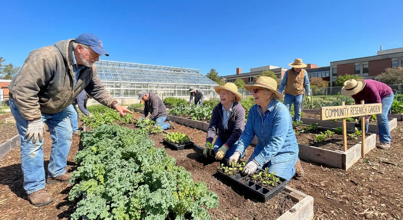 A group of active seniors working together in a sunny community garden on a university campus.