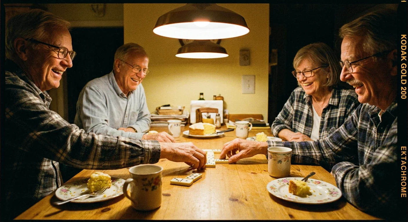 A group of older friends laughing and playing dominoes together in a warm, cozy kitchen.