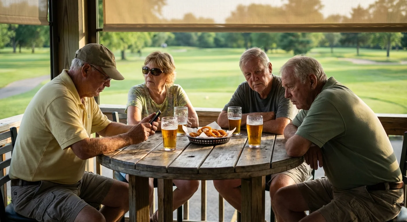 A group of retired friends sitting at an outdoor bar with drinks, looking slightly bored in the late afternoon sun.