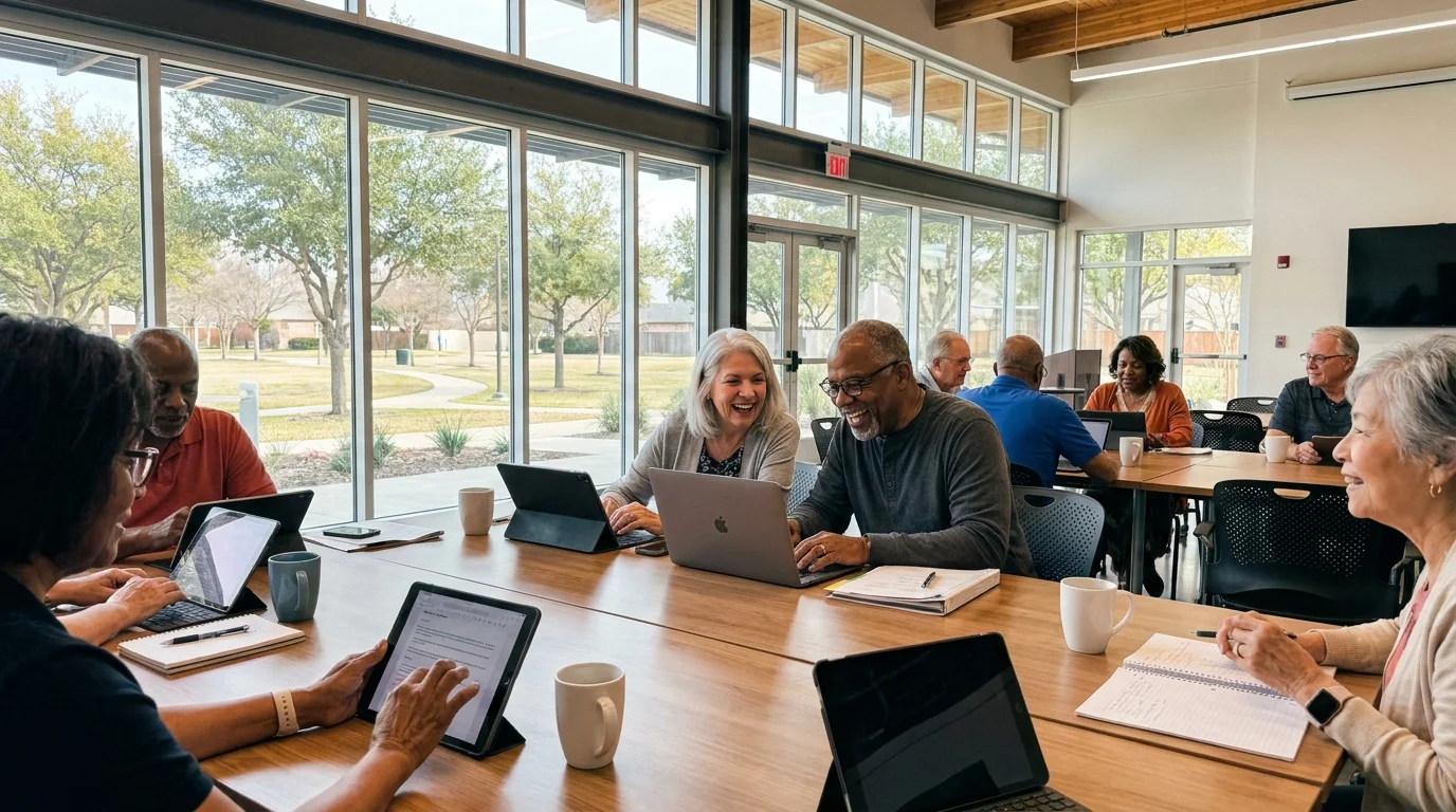 A group of seniors in a modern, sunlit community center using laptops and tablets in Richardson, Texas.