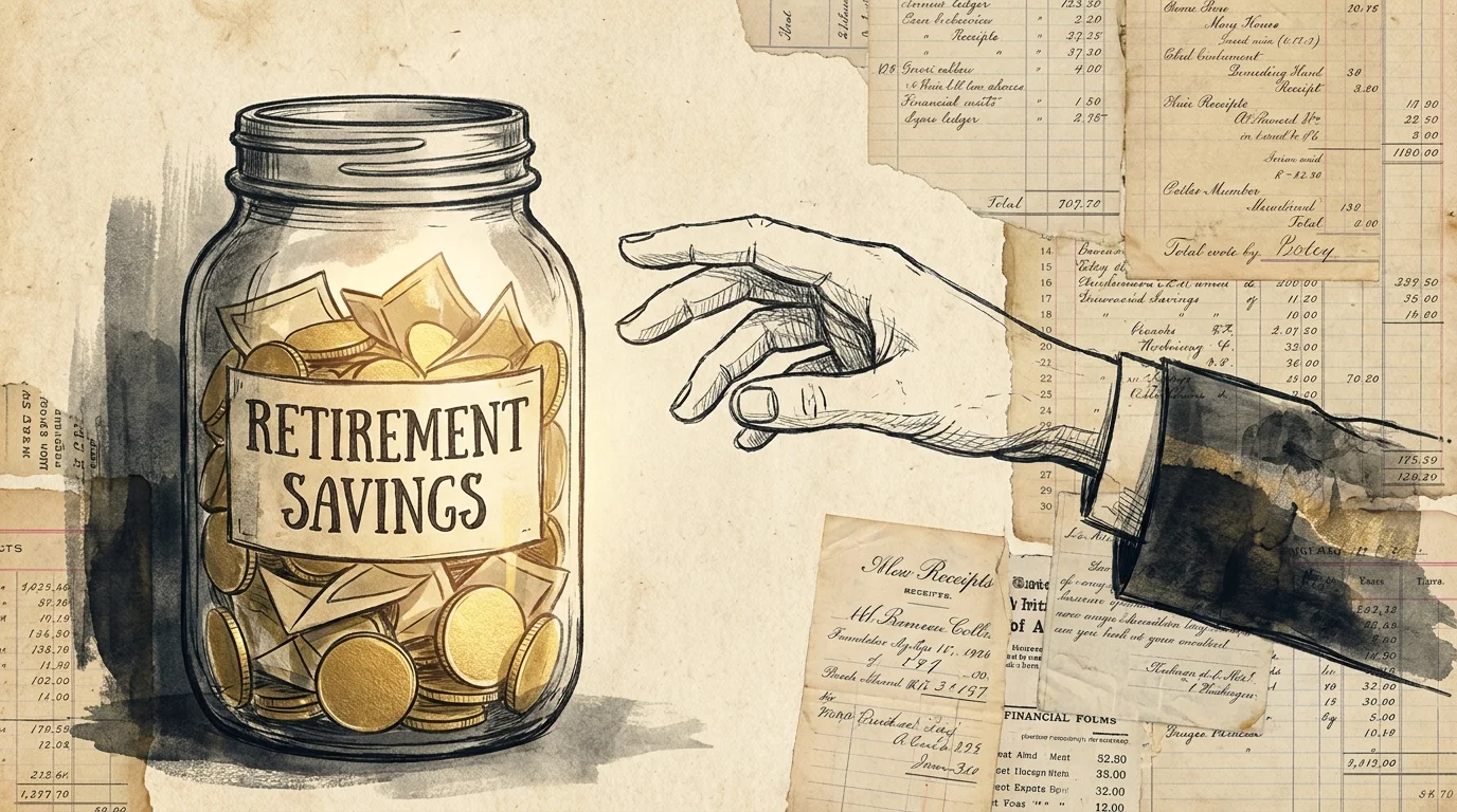A hand reaching hesitantly toward a jar full of coins labeled 'Retirement Savings', set against a background of old receipts.