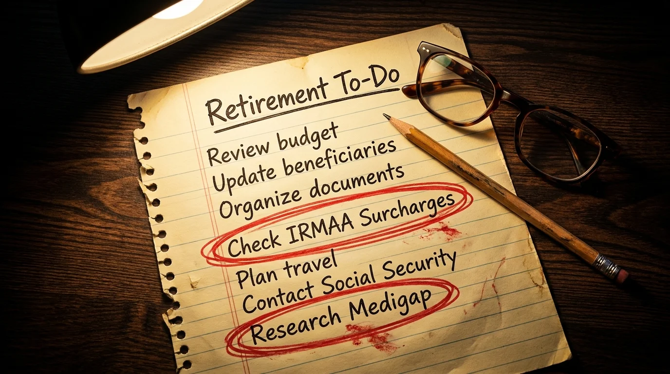 A handwritten retirement to-do list with some items circled in red ink, lying on a wooden desk.