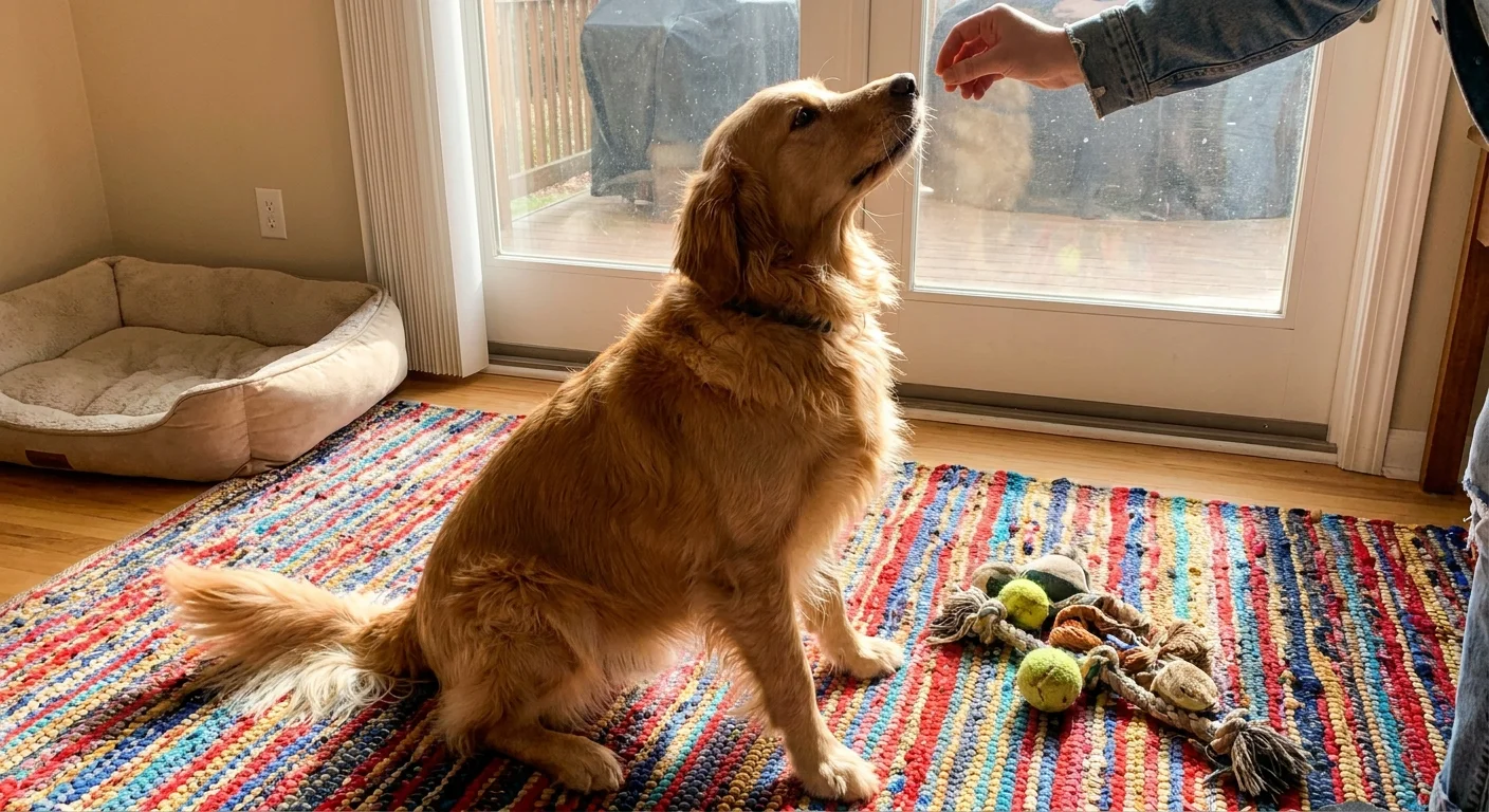 A happy dog waiting for a pat in a cozy living room, illustrating the joy of in-home pet boarding.