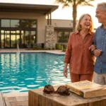 A happy retired couple walking by a resort-style community pool at sunset, representing an active and affordable retirement lifestyle.
