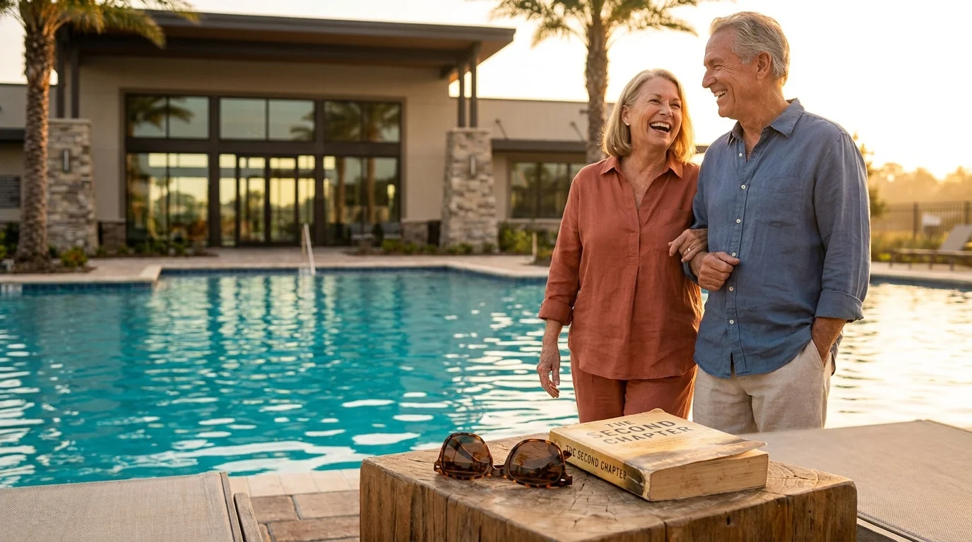 A happy retired couple walking by a resort-style community pool at sunset, representing an active and affordable retirement lifestyle.