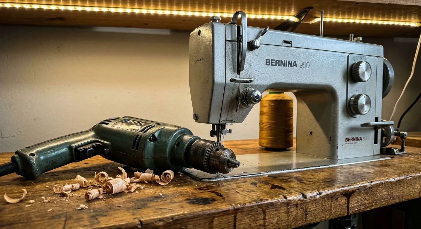 A high-quality vintage sewing machine and power drill sit on a wooden workbench, highlighting their durable metal construction.