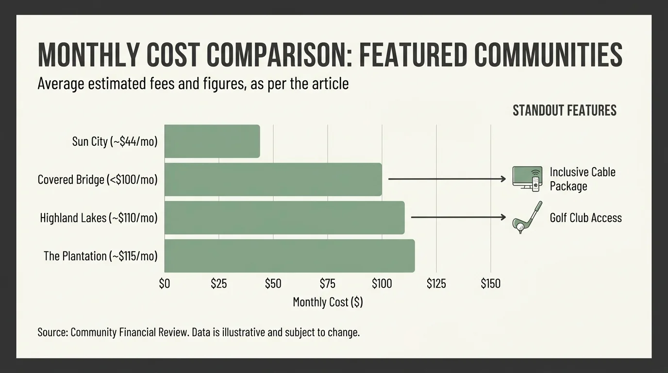 A horizontal bar chart comparing the low monthly HOA fees of various retirement communities, ranging from $44 to $115 per month.