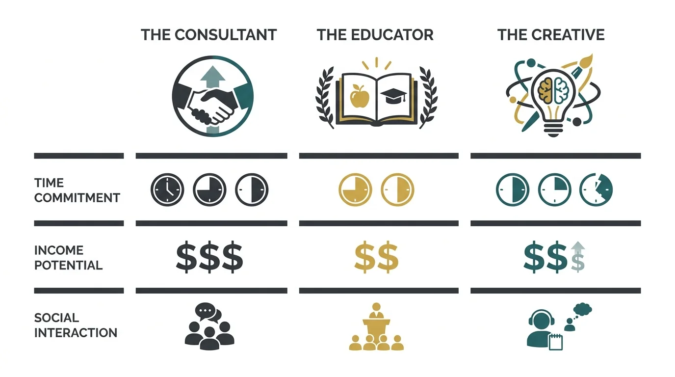 A horizontal comparison chart of three retirement job paths: Consultant, Educator, and Creative.