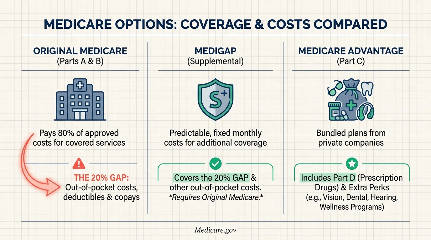 A horizontal diagram comparing Original Medicare, Medigap, and Medicare Advantage with labels and icons for each.