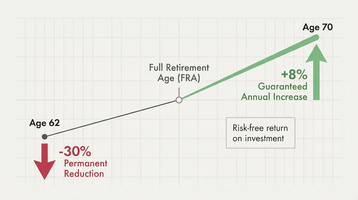 A horizontal diagram comparing Social Security benefits: a 30% reduction at age 62 versus an 8% annual increase by waiting until age 70.