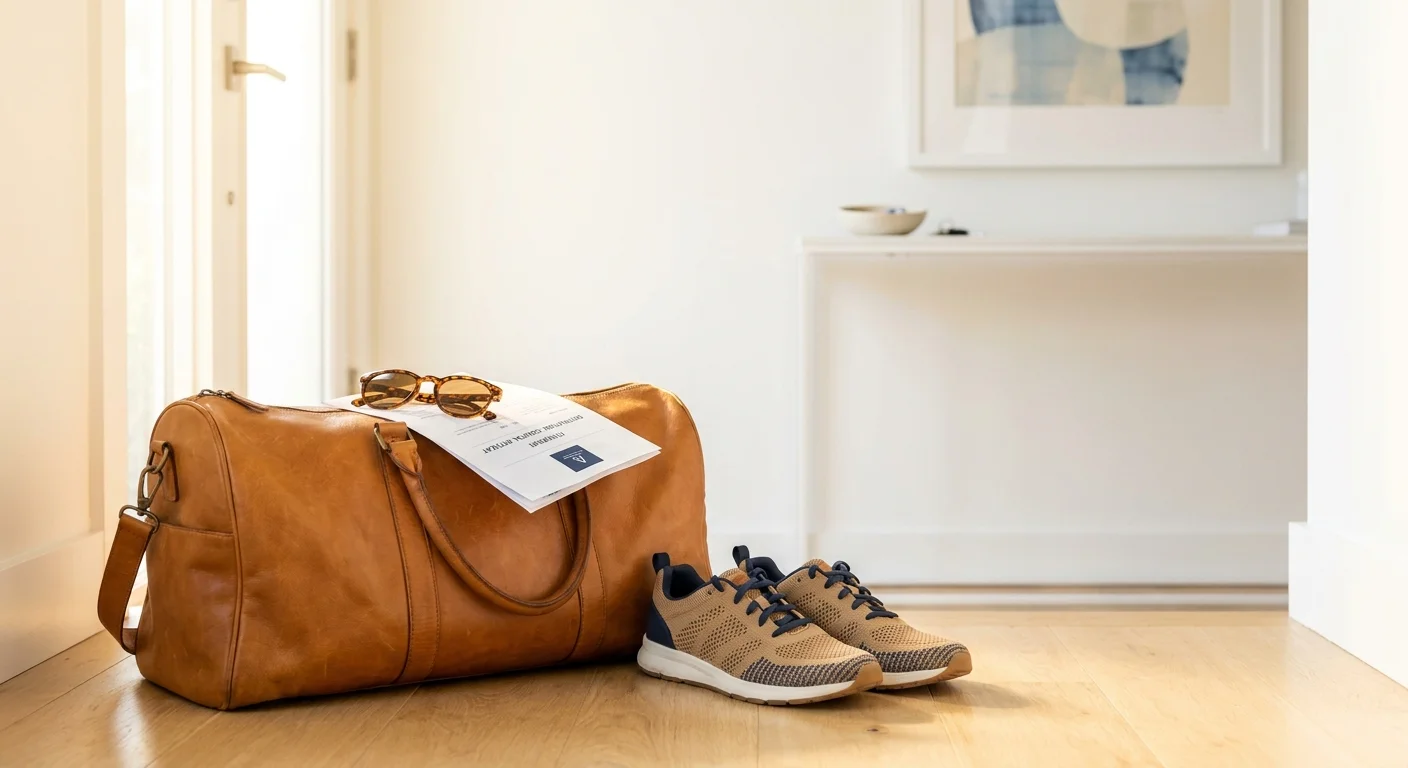A leather suitcase and walking shoes sit in a bright, modern entryway, ready for a trip.