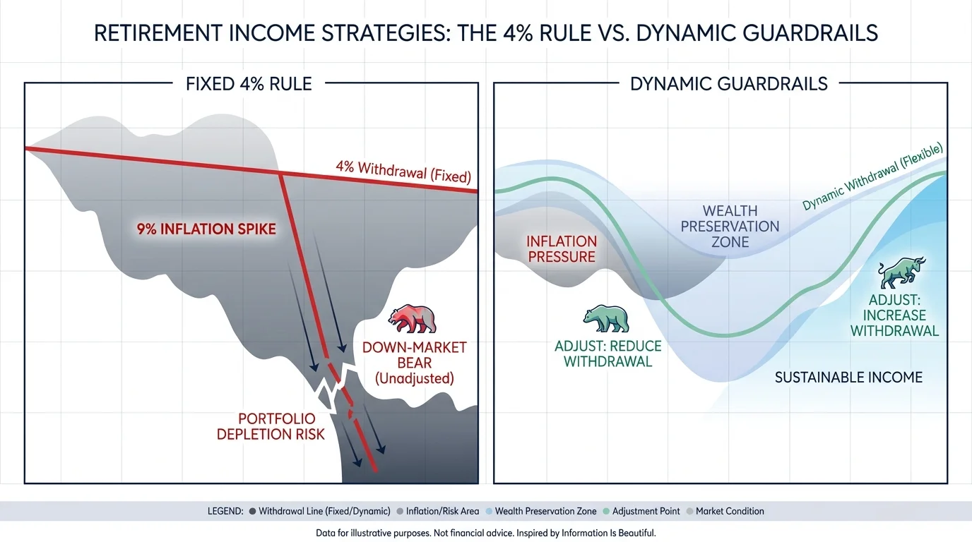 A line chart comparing a rigid 4% withdrawal strategy against a flexible guardrail strategy during high inflation.