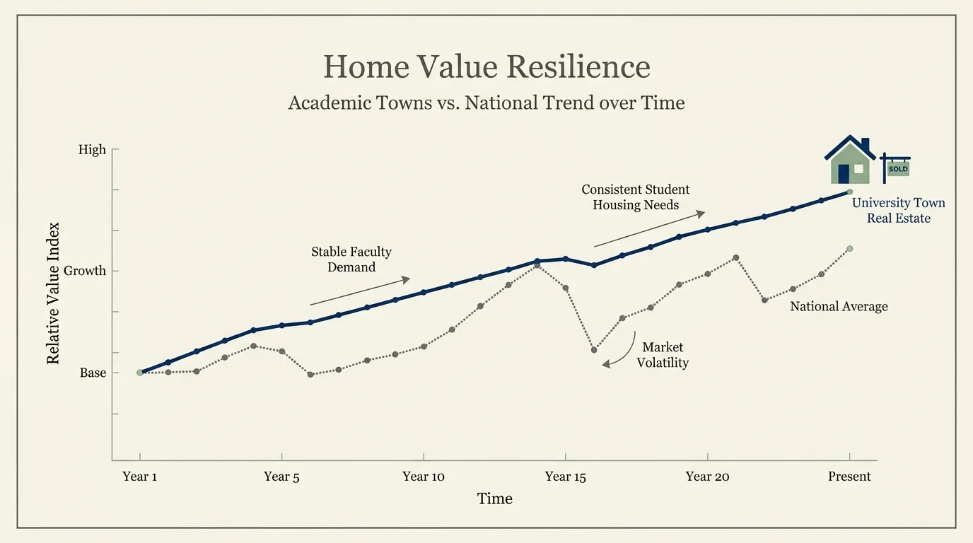 A line chart comparing the stable, upward trend of university town property values against more volatile national averages.