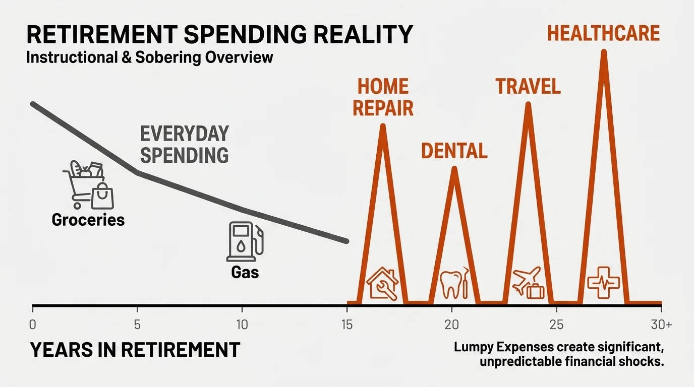 A line graph showing daily spending decreasing while irregular, large expenses for home and health spike upward.