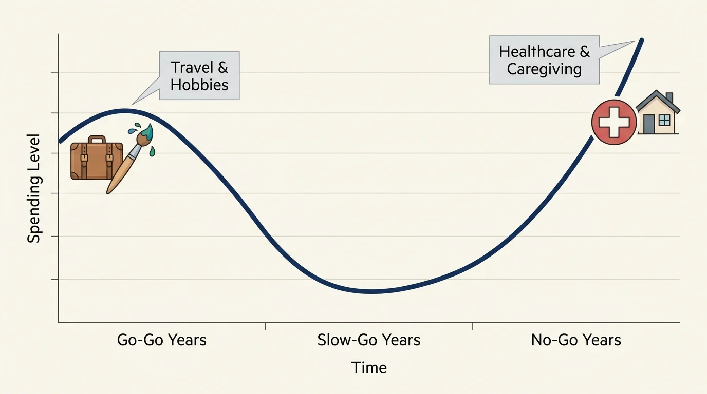 A line graph showing retirement spending starting high, dipping in the middle, and rising again in later years.