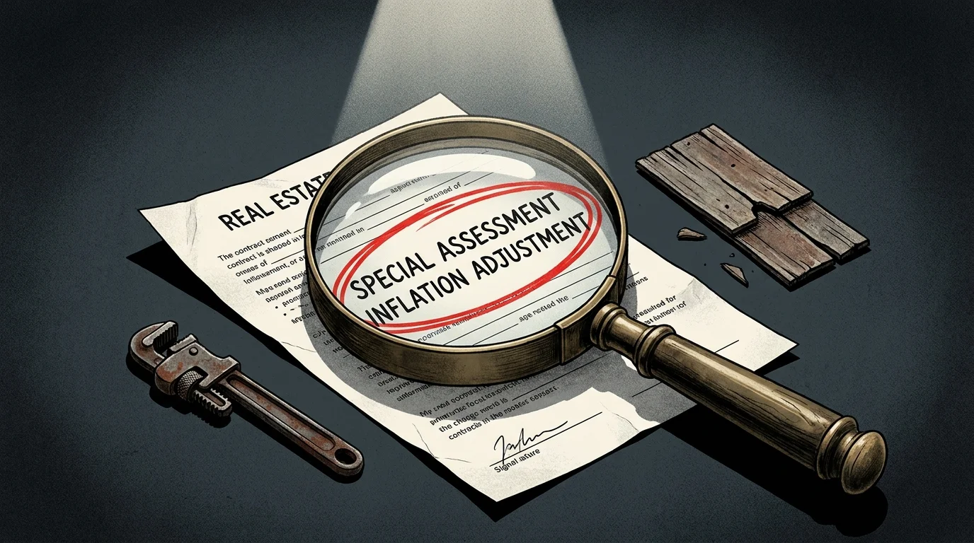 A magnifying glass highlighting hidden costs like 'Special Assessments' on a house contract, representing retirement planning mistakes.