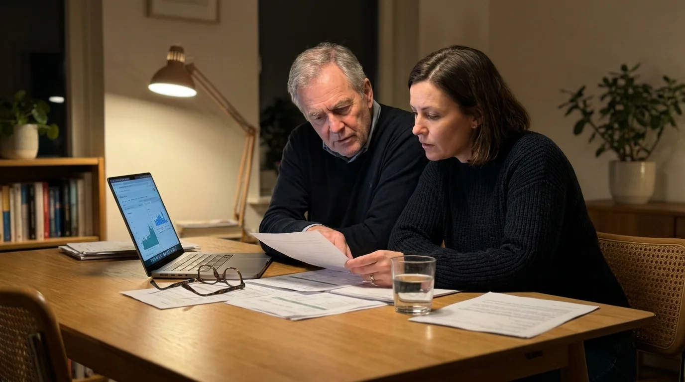 A man and a consultant reviewing retirement papers at a kitchen table in a warm, domestic setting.