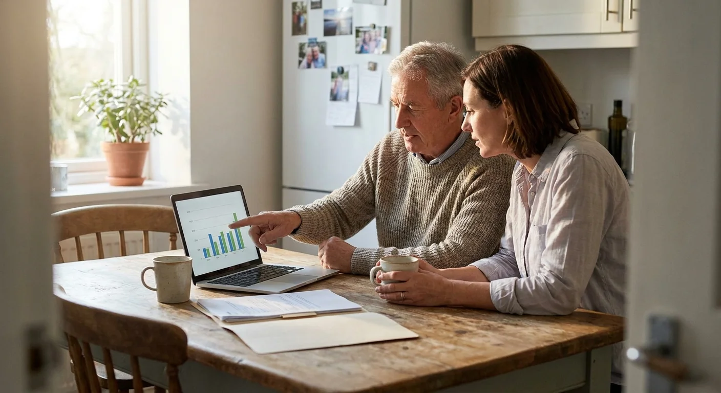 A man and a financial advisor sit at a kitchen table with a laptop and paperwork, discussing retirement plans.