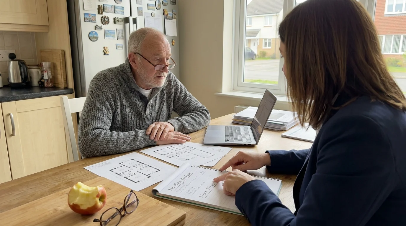 A man at a kitchen table reviews floorplans and a budget with a professional advisor in a domestic setting.