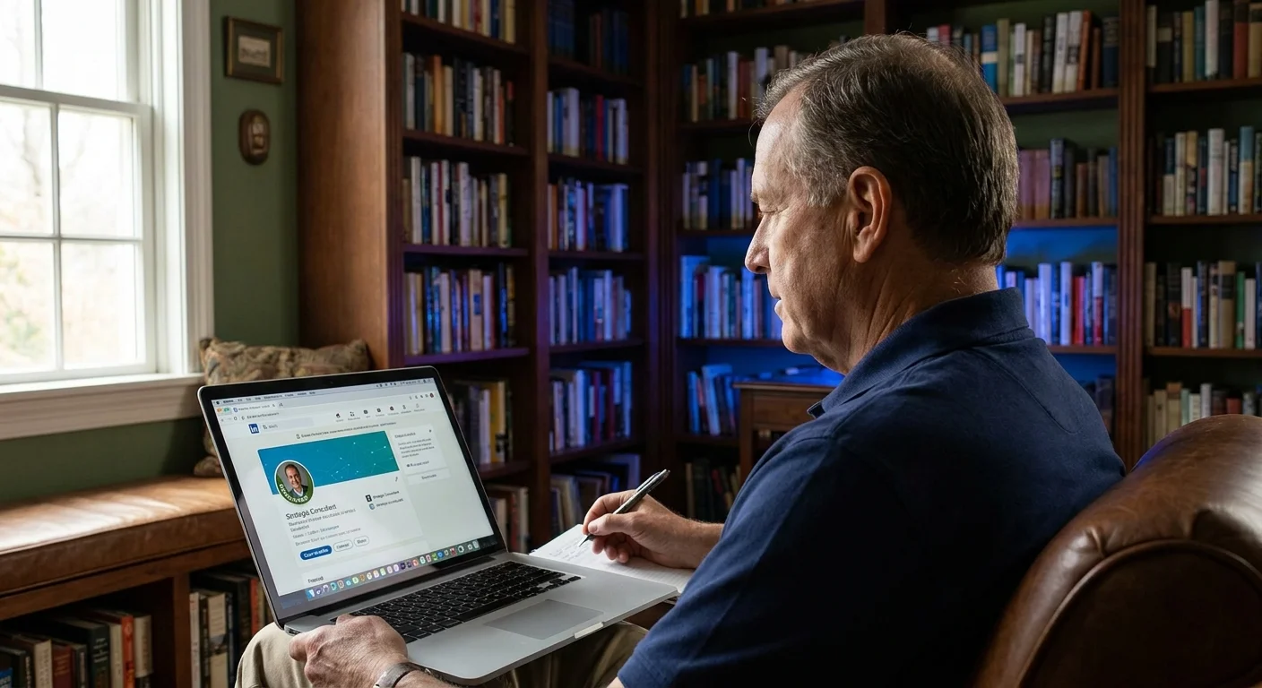A man in a home library participating in a professional consulting video call on his laptop.