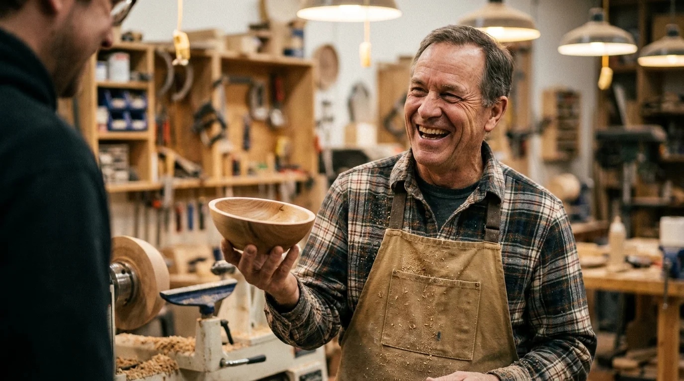 A man in his 60s laughing while working in a community woodshop, showing off a handmade bowl.