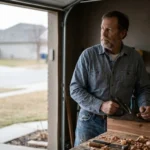 A man in his 60s pauses in his home workshop, looking out the door with a contemplative expression, surrounded by tools and office boxes.