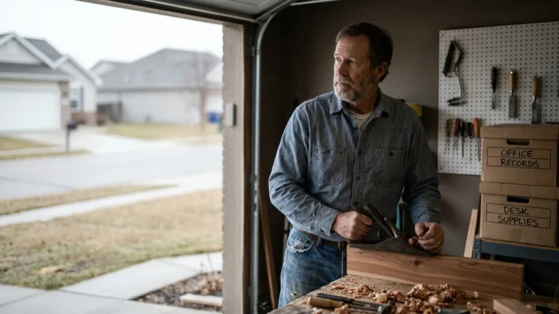 A man in his 60s pauses in his home workshop, looking out the door with a contemplative expression, surrounded by tools and office boxes.