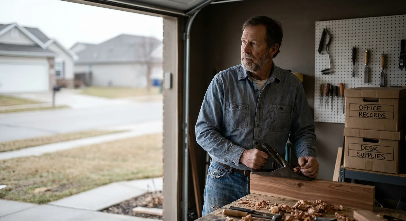 A man in his 60s pauses in his home workshop, looking out the door with a contemplative expression, surrounded by tools and office boxes.