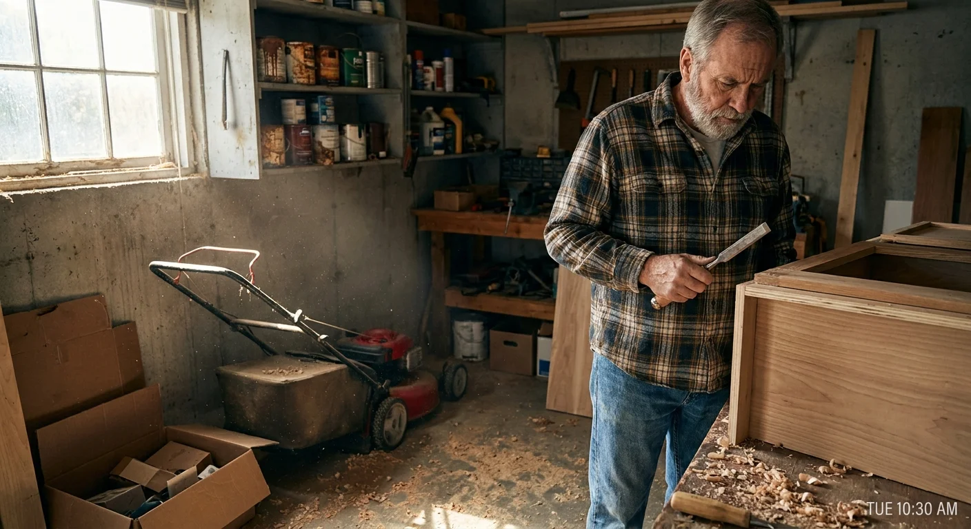 A man in his garage looking thoughtfully at a woodworking project with morning light streaming in.