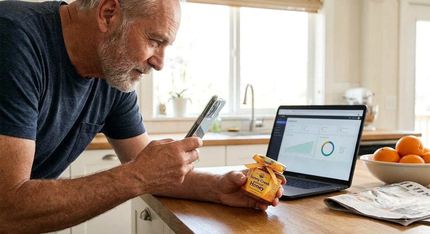 A man in his kitchen taking photos of a product for his small home-based business.