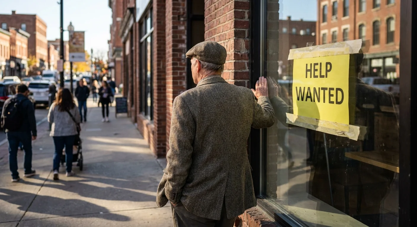 A man looking at a 'Help Wanted' sign in a shop window, his reflection visible in the glass as he contemplates returning to work.