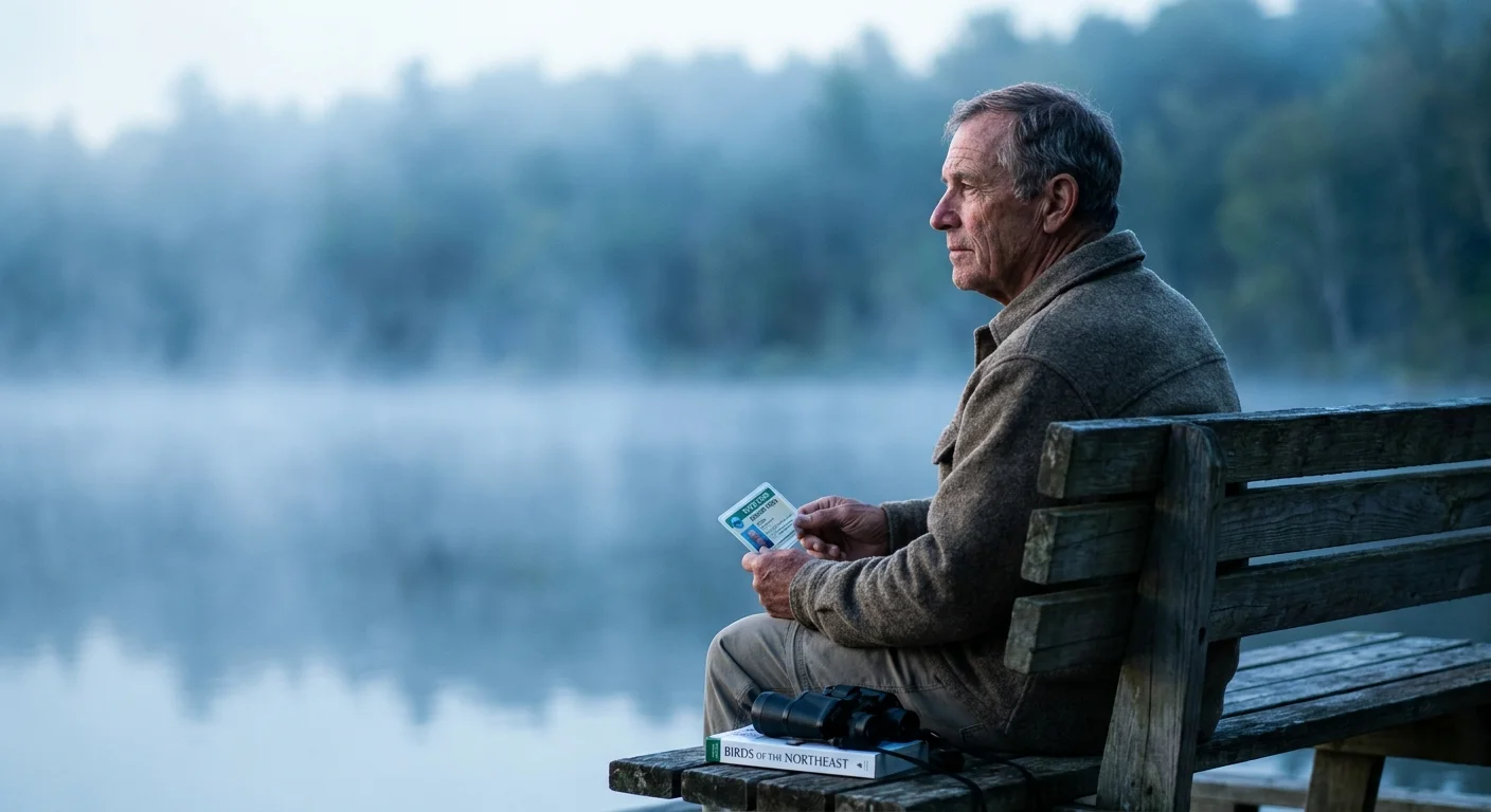 A man looks out over a misty lake at a state park, holding his resident senior pass.
