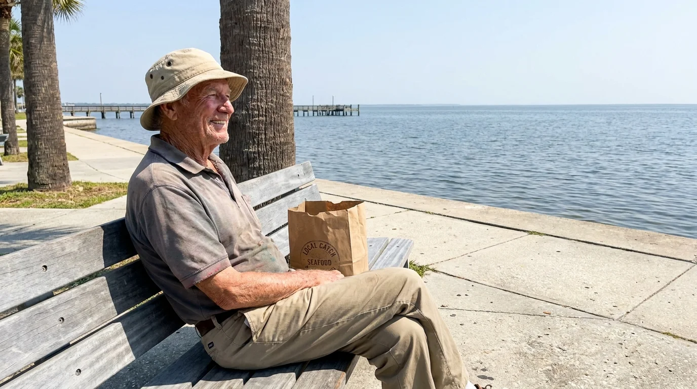 A man sits on a park bench overlooking the water in Gulfport, Mississippi, with a seafood market bag nearby.