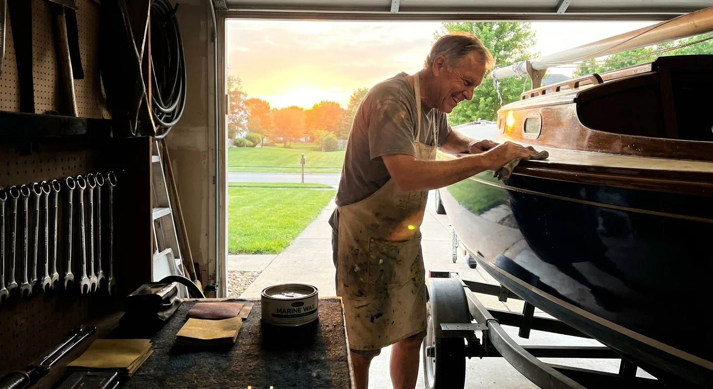 A man smiling while working on a wooden boat in his driveway, looking forward to his day's activity.