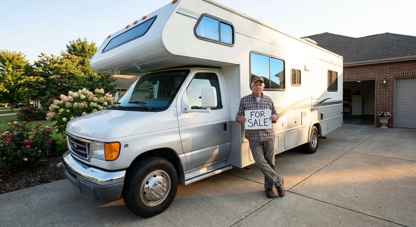 A man stands next to a clean recreational vehicle in a driveway, holding a 'For Sale' sign.